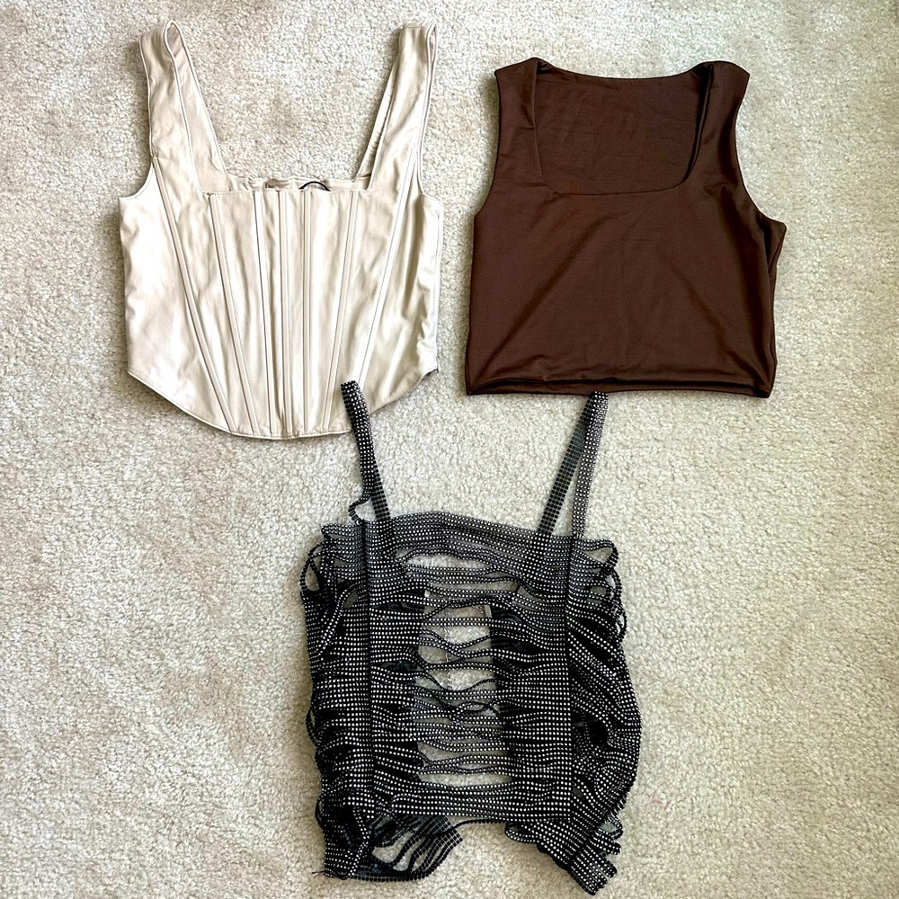 Three Medium Tops 7 for all mankind festival faux leather corset rhinestone
